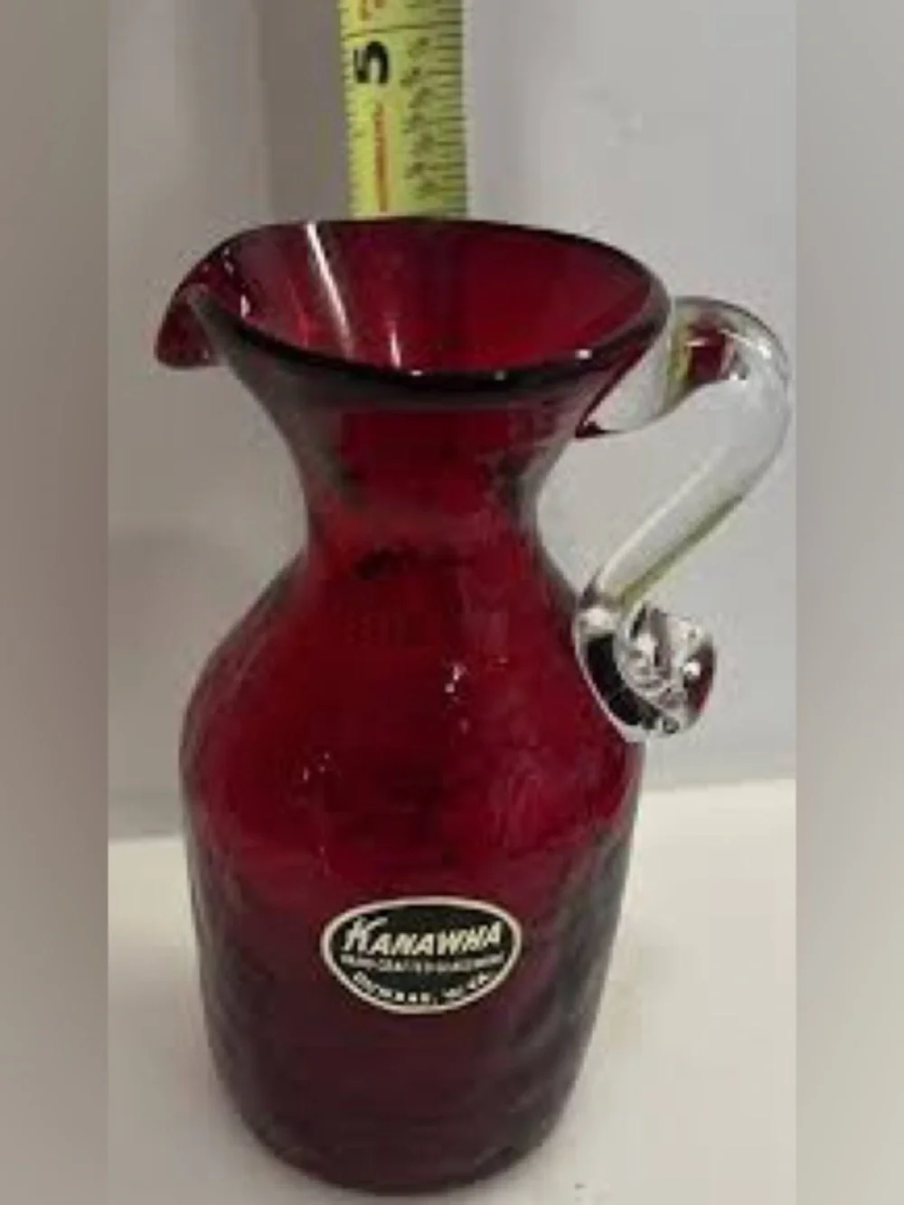 Vintage Kanawha Ruby Red Art Glass Pitcher | Applied Clear Handle | Hand Blown |